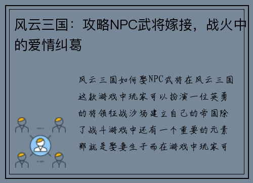 风云三国：攻略NPC武将嫁接，战火中的爱情纠葛